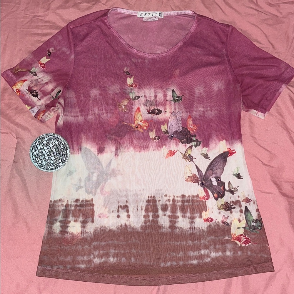 Y2K 2000s Vintage Sheer Mesh Pink Brown Tie Due Butterfly Tee Size M